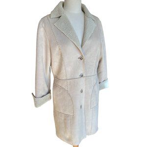 CAbi Faux Suede Shearling Sherpa Cream Tan Tunic Length Coat Jacket Style #127-M